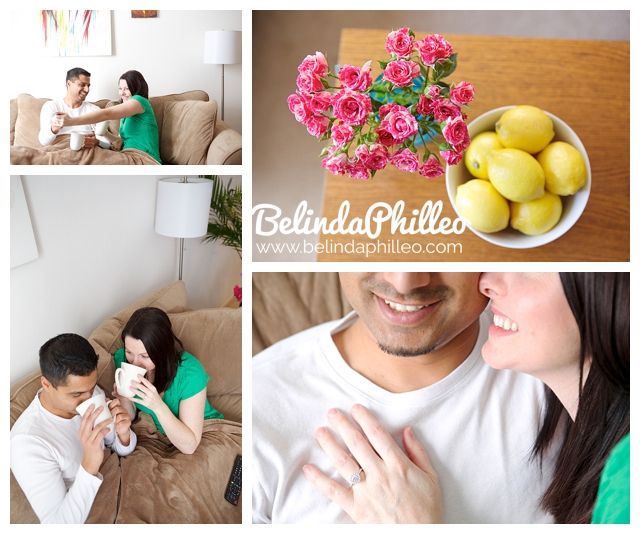 engagement photos of a couple enjoying a cozy day in