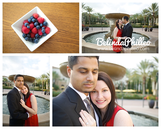 engaged couple in front of a fountain