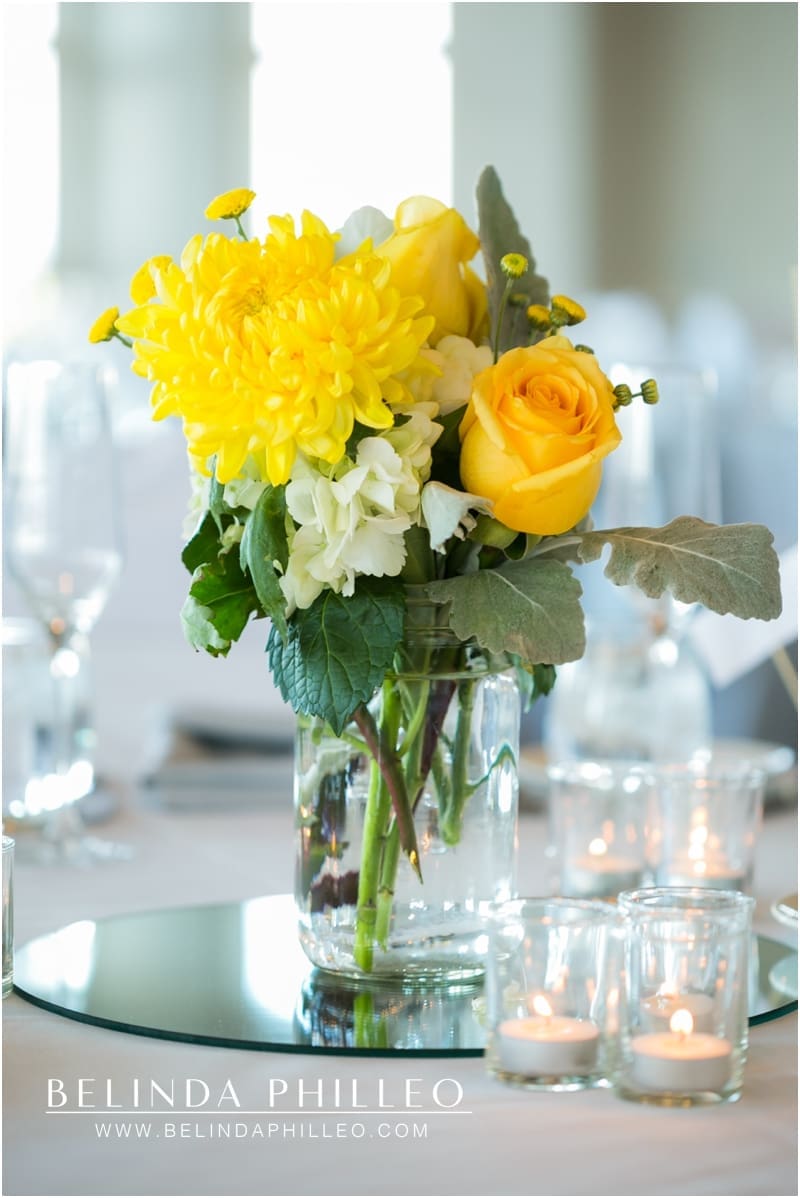 Yellow floral centerpieces at Summit House Restaurant Wedding, Fullerton, CA