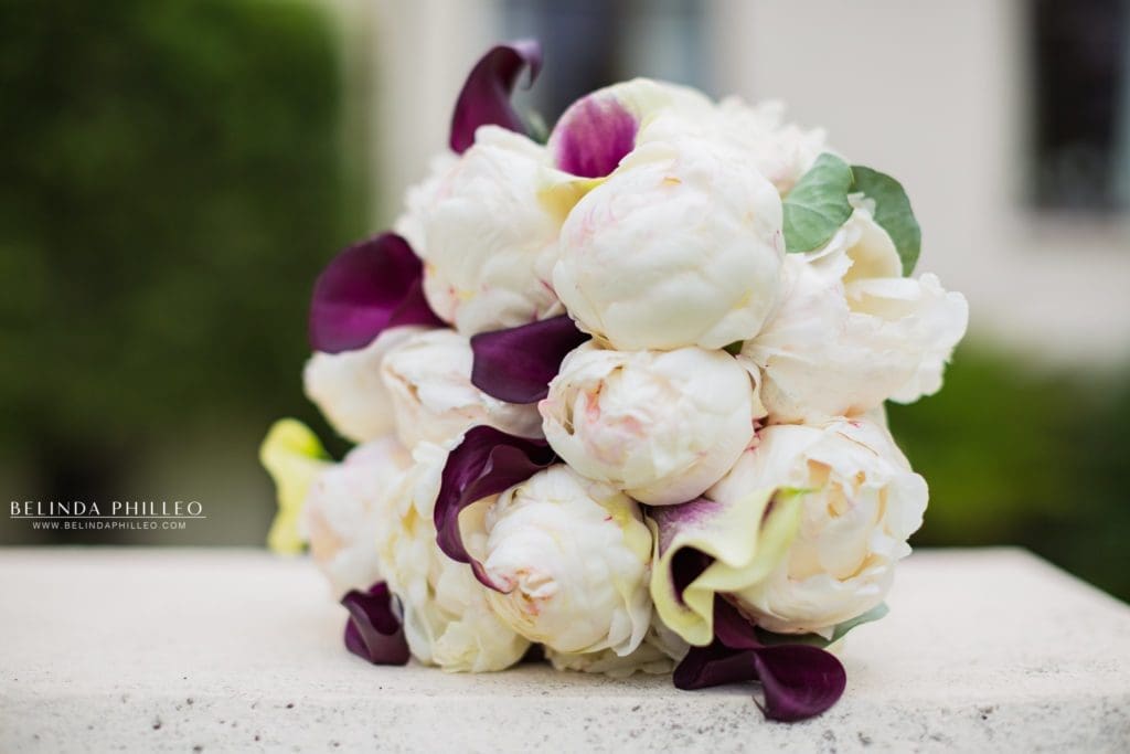 White Peonies and purple lilies bridal bouquet. Redondo Beach Historic Library wedding