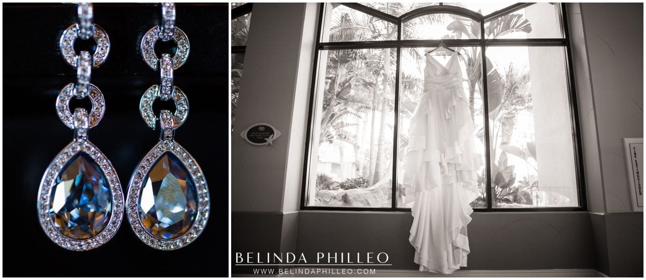 Bridal gown hanging in the window at Hilton Waterfront Resort Huntington Beach