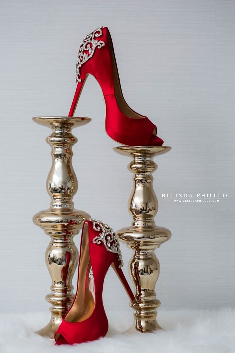 Red Badgley Mischka jewel encrusted high heels
