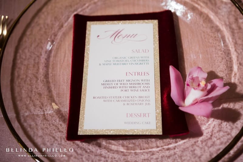 Blush, merlot and gold wedding inspiration. Glamorous dinner menu stationery