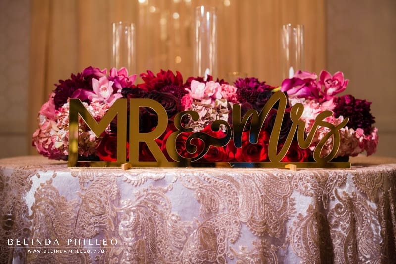 Laser cut acrylic Mr & Mrs sweetheart table decor in gold