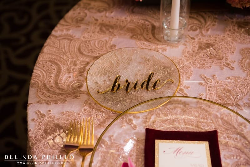 Gold acrylic laser cut reception name tag for wedding reception