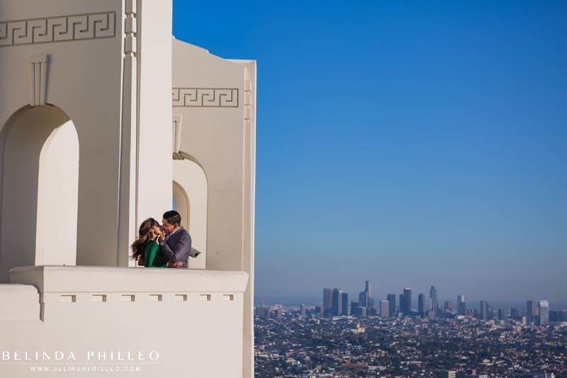 Griffith Observatory engagement photos with view of DTLA