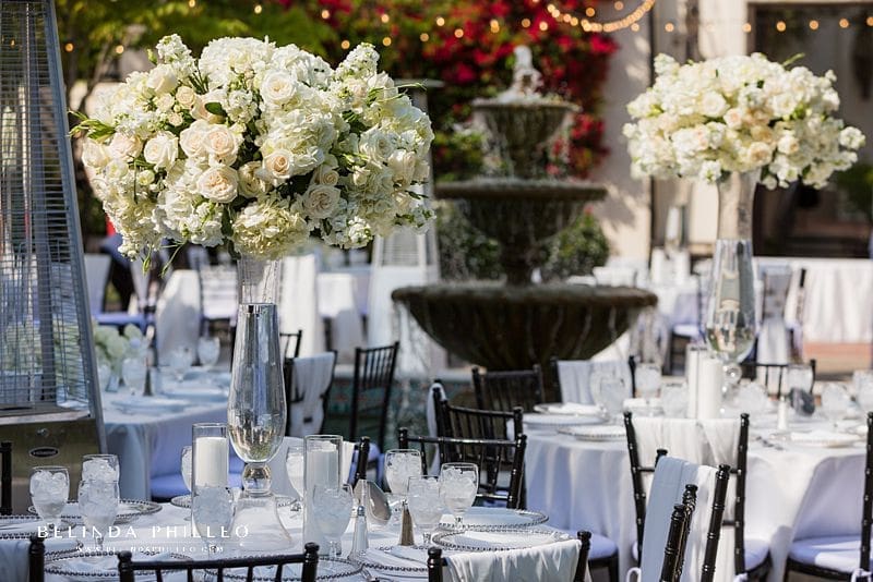 Tall all white floral centerpieces at Los Angeles River Center & Gardens Wedding