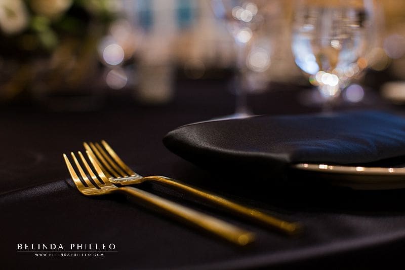 Gold flatware for wedding at Alexandria Ballrooms in Los Angeles, CA
