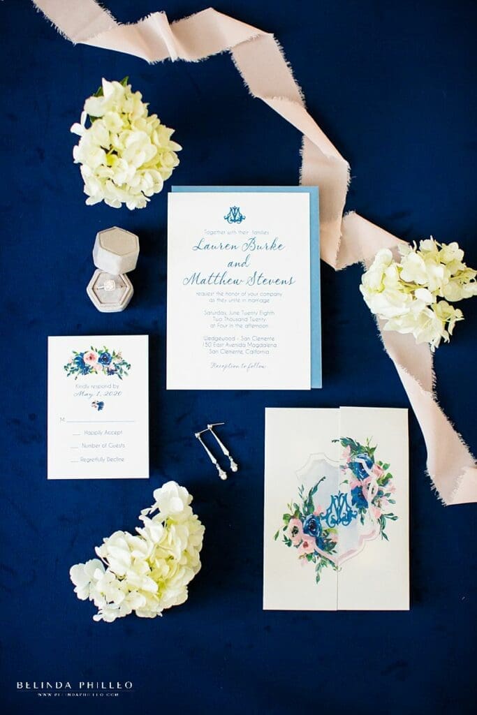 Blush and blue custom wedding stationery by Amira Design in Los Angeles, CA. Photo by Belinda Philleo