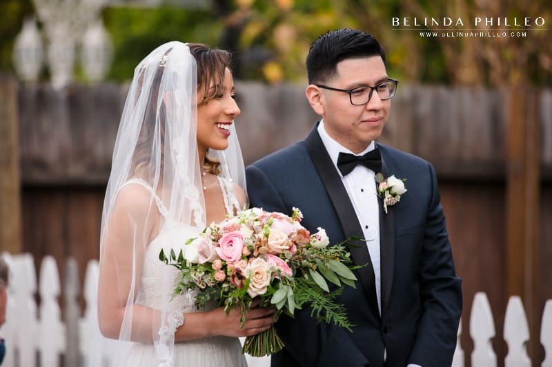 Bride and groom at springtime backyard wedding in Anaheim, CA