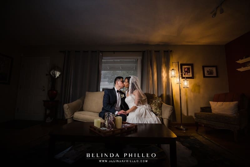 Dramatic wedding portraits in bride's home at backyard wedding in Orange County, CA