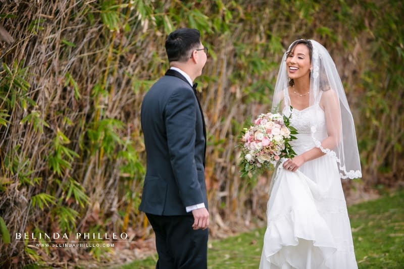 Bride and groom react to first look at Cerritos Sculpture Garden