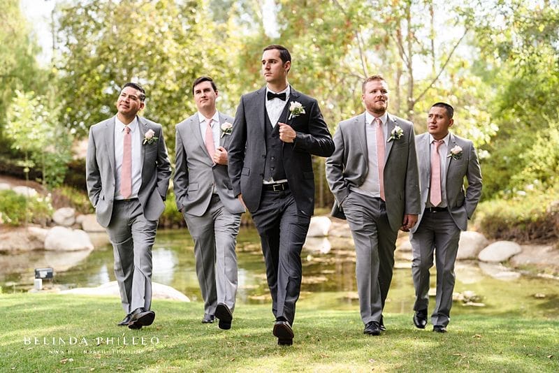 Grey and pink groomsmen attire