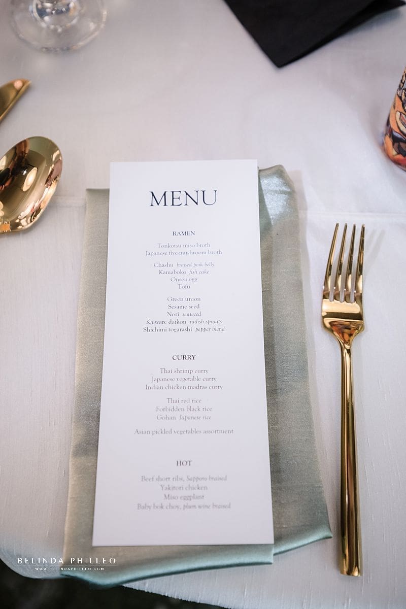Reception menu featuring ramen bar and curry options for wedding reception at Japanese American Cultural & Community Center in Los Angeles, CA