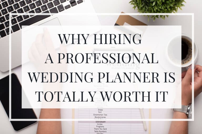 Title Image: Why a professional wedding planner is totally worth it. Image of someone with a computer and wedding planning worksheets at a desk.