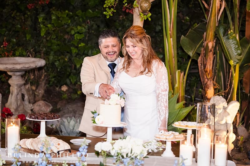 Newlyweds cutting the cake at their backyard reception