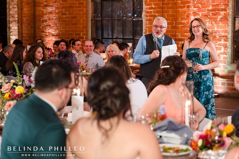 Bride's parents give Wedding reception toast during dinner at Seventh Place Los Angeles
