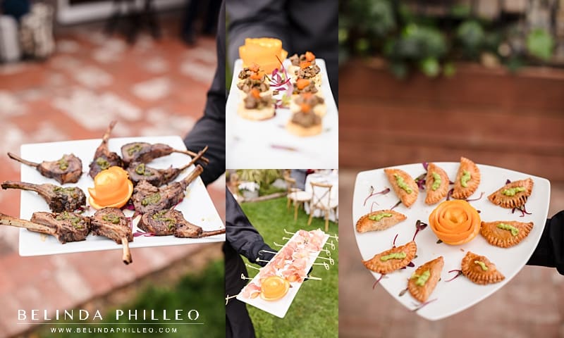A collage of passed appetizers. Leg of lamb, empanadas, and rolled up proscuitto