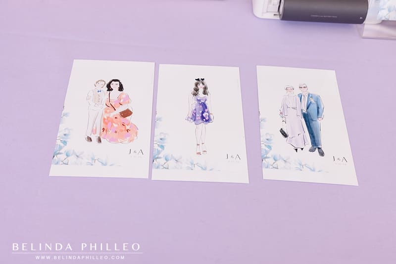 Watercolor paintings of wedding guests as a keepsake to take home
